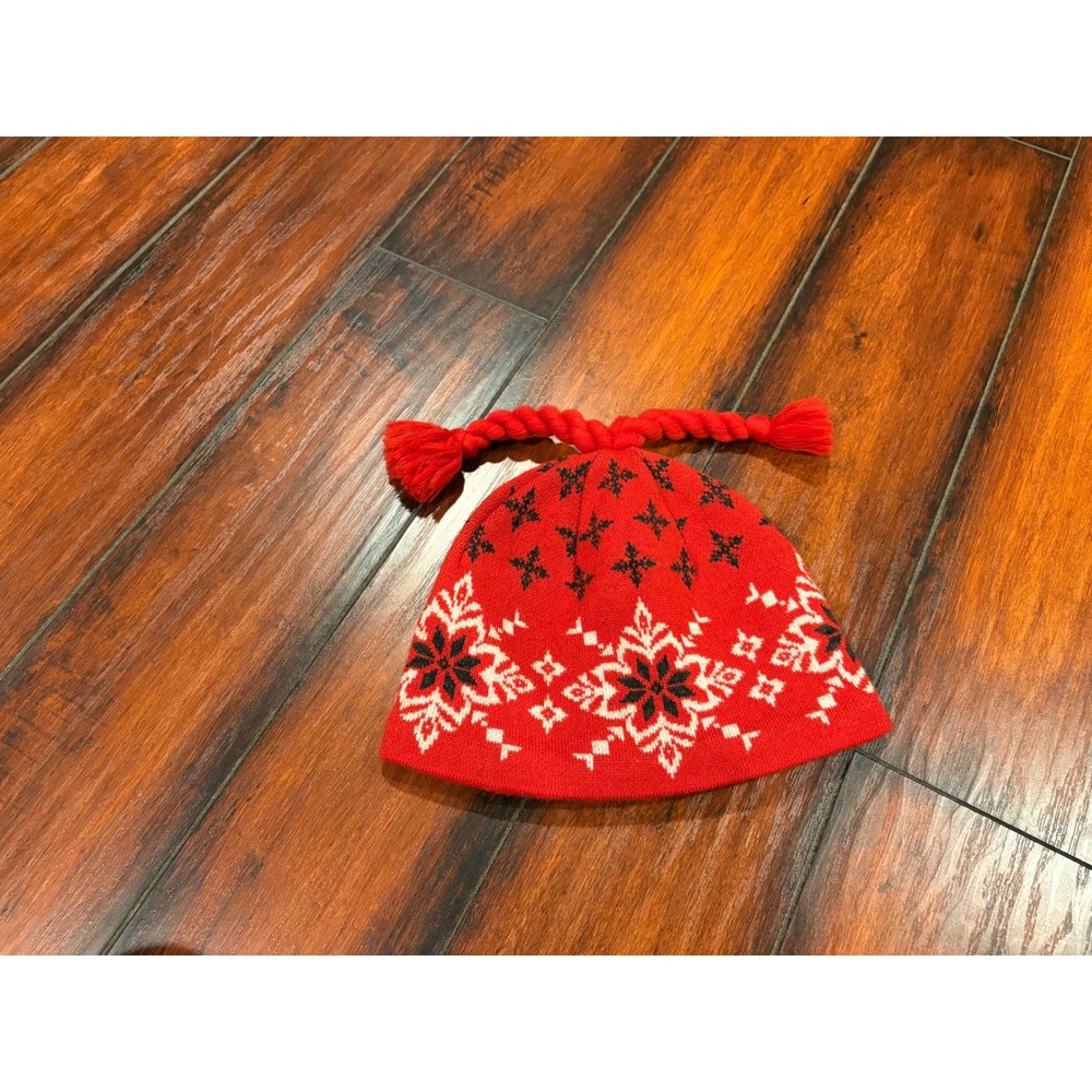 Red Snowflake Knit Beanie Hat with Tassels Women's Winter Warm Ski Cap‎